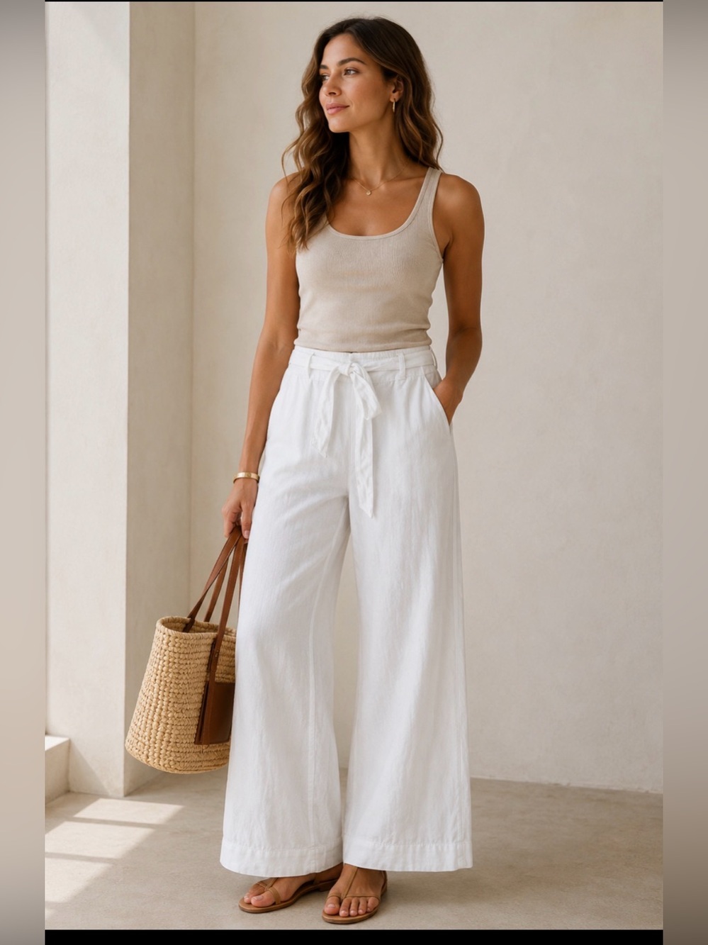 Halston White Wide Leg Tie Waist Pants Size Small Resort Coastal